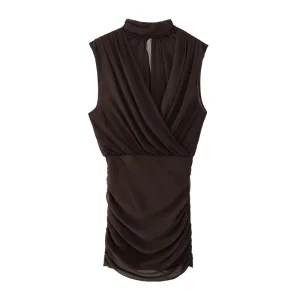 Women’s European American Style Solid Pleated Collarless Mesh Slim Breathable Washable Sleeveless Vestidos Vest Dress