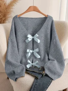 Women’s European American Style Solid Sweet Bow Decoration V neck Full Sleeve Open Stitch Closure Knitted Cardigan Sweater Top