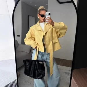 Women’s European Style Cropped Moto Jacket Lapel Faux Suede Short Trench Coat Versatile Daily Commute Outerwear