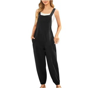 Women’s European and American Cotton and Linen Jumpsuit With Pockets Casual Shoulder Straps and Small Leg Pants Jumpsuit OEM