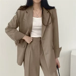 Women’s European and American Style Long Sleeve Loose Suit High Waist Casual Pants Blazer Set