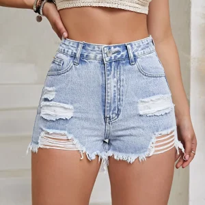 Women’s European and American Style Short Cut Denim Shorts with Frayed Edges