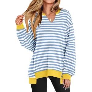 Women’s European and American Style V-neck Long Sleeved Top Striped Loose Casual Versatile Sweatshirt