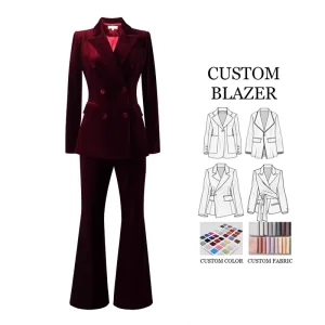 Women’s Evening Party Formal Office Double Breasted Blazer Jacket Flare Bottoms Pant 2 Piece Outfit Burgundy Red Velvet Suit Set
