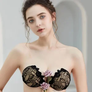 Women’s Everyday Style 3cm Thickened Embroidered Lace Push Up Bra Plus Size Strapless Front Closure Lingerie with No Underwire