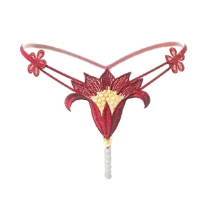 Women’s Exotic Lace Pearl Beaded Thong Panty Embroidery Flower Design Micro Mesh T Back Underwear Romantic Intimates