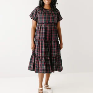 Women’s Fall Dress Red Plaid Casual Short Sleeve Elastic Neck Ruffle A Line Flowy 3 Tiers Midi Cotton Polyester Dresses