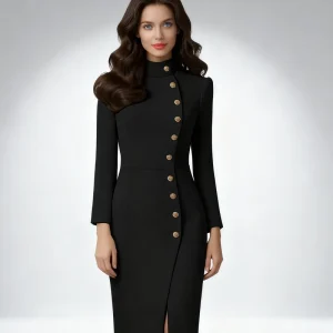 Women’s Fall Fashion Long Sleeve Stand Collar Slim Fit Metal Button Split Dress