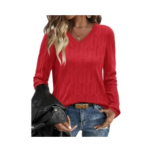 Women’s Fall Fashion V Neck Soft Knit 100% Cotton Pullover Long Sleeve Tops Casual Dressy Blouses Trendy Sweater Autumn