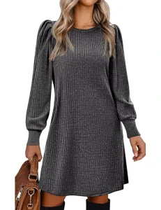 Women’s Fall Winter Midi Dress with Long Sleeves and Round Neck Solid Color Knitted Casual Dress