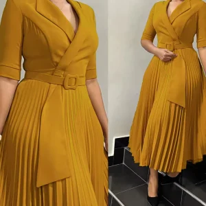 Women’s Fall Winter New Fashion Suit Collar Press-Pleated Waist Plus Size African Dress