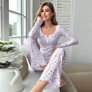 Women’s Fall Winter Pajama Set Sexy Long Sleeve Loungewear with Comfortable Pants