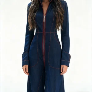 Women’s Fall Winter Slim-Fit V-Neck Casual Plus Size Solid Color Large Pocket Jumpsuit