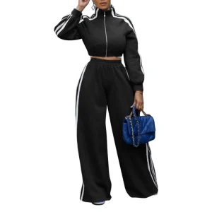 Women’s Fall and Winter Sweatshirt Set Striped Jacket Two Piece Set