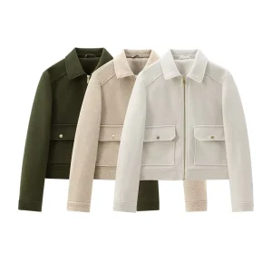 Women’s Fashion Breathable Eco Friendly Casual Zipper Soft Cashmere Lining Jacket Coat Retro Lapel Long Sleeve Elegant Short