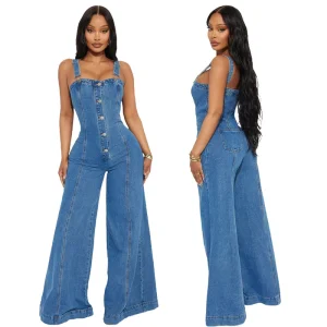 Women’s Fashion Casual Sexy Strap Denim Jumpsuit Mid Rise Full Length