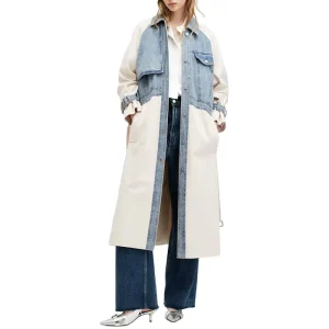 Women’s Fashion Contrast Denim Panelled Relaxed Trench Coat Patchwork Autumn Winter Jacket Long Coat