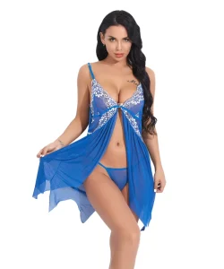 Women’s Fashion Deep V Sexy Lace Translucent Suspender Nightdress Sexy Lingerie at Night