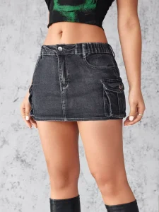 Women’s Fashion Denim Skirt Summer Vintage Stretch Slim-Fit Bodycon Workwear Pocket Short Skirt Street Style