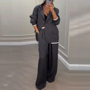 Women’s Fashion Elegant Polyester Anti Wrinkle Velour Long Sleeve Jacket Casual Wide Leg Pants Suit Set