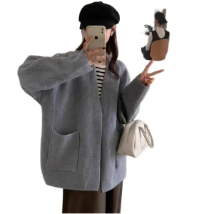 Women’s Fashion Elegant Wool Cashmere Knitted Cardigan Loose Soft High End Versatile Long Anti Pilling Sweater Casual for Winter