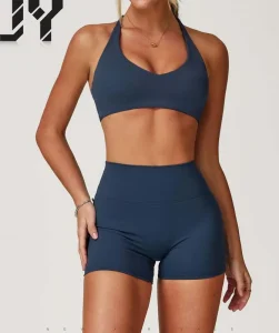 Women’s Fashion High Waist Quick Dry Halter Neck Running Shorts and Bra Set Non-Front Seam Elastic for Yoga