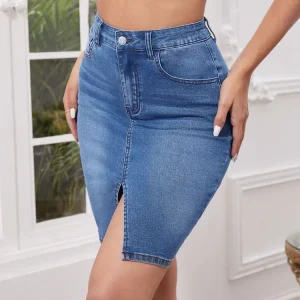 Women’s Fashion Hot Sexy Straight Mini Denim Skirt Slit Front Hem Washed for Spring Summer Eco-Friendly Solid Pattern Logo Waist