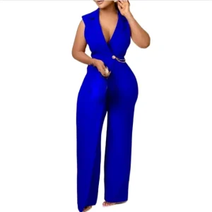 Women’s Fashion Jumpsuit Featuring Elegant Suit Collar and Waist Chain Accent