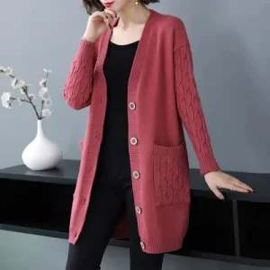 Women’s Fashion Long Sleeve Casual Coat Autumn Winter Knitted Cardigan Sweater Button Single Breasted Pocketed Loose Fit