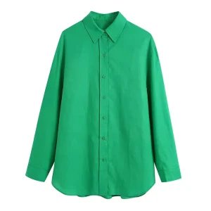 Women’s Fashion Long Sleeve Shirts Oversized Solid Green Vintage Female Chic Blouse 100% Cotton Turn Down Shirts for Women