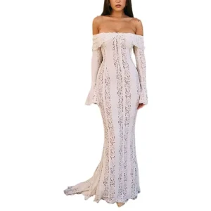 Women’s Fashion Off the Shoulder Long Sleeved Flared Lace Dress with High Waist and Fish Tail Skirt Casual and Elegant Dress