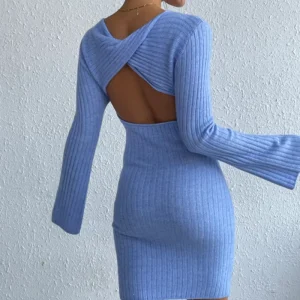 Women’s Fashion Sexy Knitted Dress Backless Solid Color Flare Sleeve Bodycon Dress