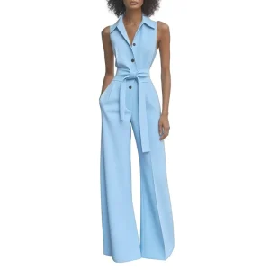 Women’s Fashion Shirt Collar Solid Sleeveless Commuter Wide Leg Jumpsuit