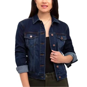 Women’s Fashion Slim Denim Jacket with Flip Collar Long Sleeve Casual Pocket Solid Color Woven Printed Autumn