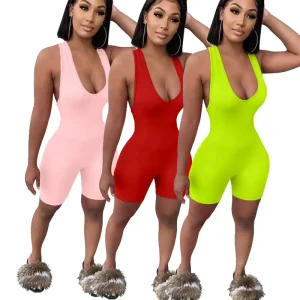 Women’s Fashion Sport Wear Open Back Bodycon One Piece Jumpsuit Fitness Running Fitted Short Romper
