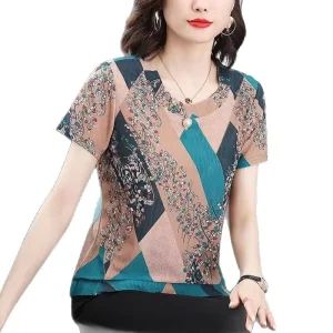 Women’s Fashion T-Shirt Large Size Casual Short-Sleeved Loose Printed Belly-Covering Breathable Knitted