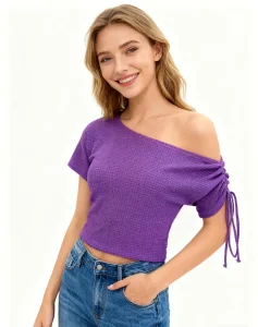 Women’s Fashion TShirt Off Shoulder Ruched Short Sleeve Crop Top Casual Knit T Shirt