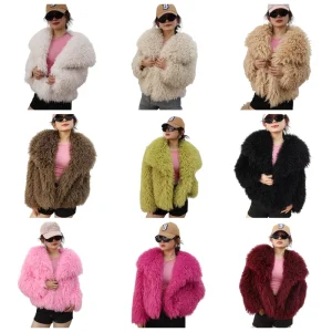 Women’s Fashion Thickened Fluffy Faux Mongolian Fur Jacket Classic Street Style Outerwear Full Sleeve Multiple