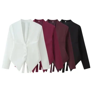 Women’s Fashion V Neck Solid Color Pleats Design Business Blazer Office Ladies Breasted Back Lace Up Casual Suits Coat Tops