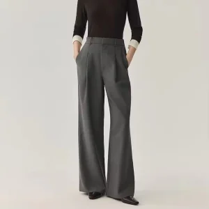 Women’s Fashion Versatile Simple Casual High Waist Suit Loose Solid Color Office Pants Wide Leg Wool Knitted Trousers