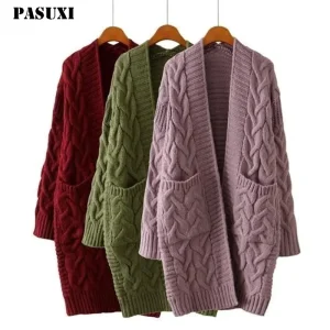 Women’s Fashion Winter Autumn Front Open Sweater Cardigan Long Knitted Coat Ladies