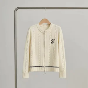 Women’s Fashion Wool Knitted Cardigan for Autumn Winter Solid Color Zipper Sweater Casual Style Front Logo Knit Cardigan Women