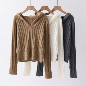 Women’s Fashionable Cozy Wool Polyester Knit Sweater Casual Long Sleeve Pullover Hood Soft Cable Knit Top Korean Style Winter