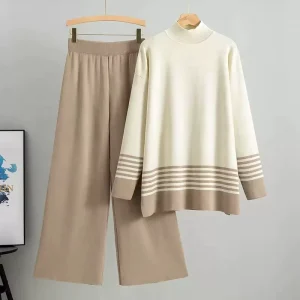 Women’s Fashionable Regular Fit Casual 2 Piece Breathable Knitted Wool Vintage Turtleneck Full Length Sweater Suit