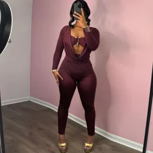 Women’s Fashionable Sexy Chest Hugging Swinging Collar Waist Bag Buttocks Solid Color Jumpsuit