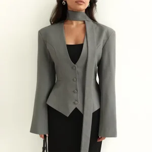 Women’s Fashionable Solid-Color V-Neck Blazer Top Long Sleeves and Loose-Fitting Casual with Short Length New Style Scarf