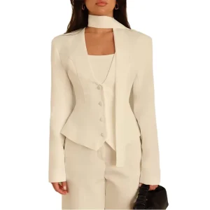 Women’s Fashionable Solid-Color V-Neck Blazer Top Long Sleeves and Loose-Fitting Casual with Short Length New Style Scarf