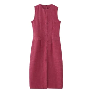 Women’s Fashionable and Elegant Round Neck Sleeveless Dress with Slim Waist and Single Breasted Buttons 25113