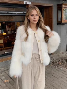 Women’s Faux Fox Fur Slim England Style Small Tweed style Short Fur lined Winter Coat