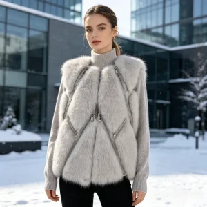 Women’s Faux Fox Fur Vest Custom Size Color Logo Tailored Fabric Zipper Winter Round Collar Casual Waistcoat